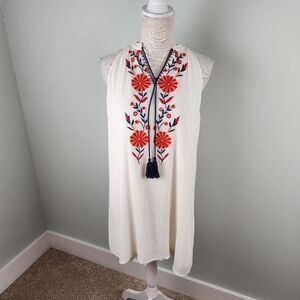 THML Roonie Embroidered Sleeveless Lined Tassel Tie Mini Swing Dress Size Mefium